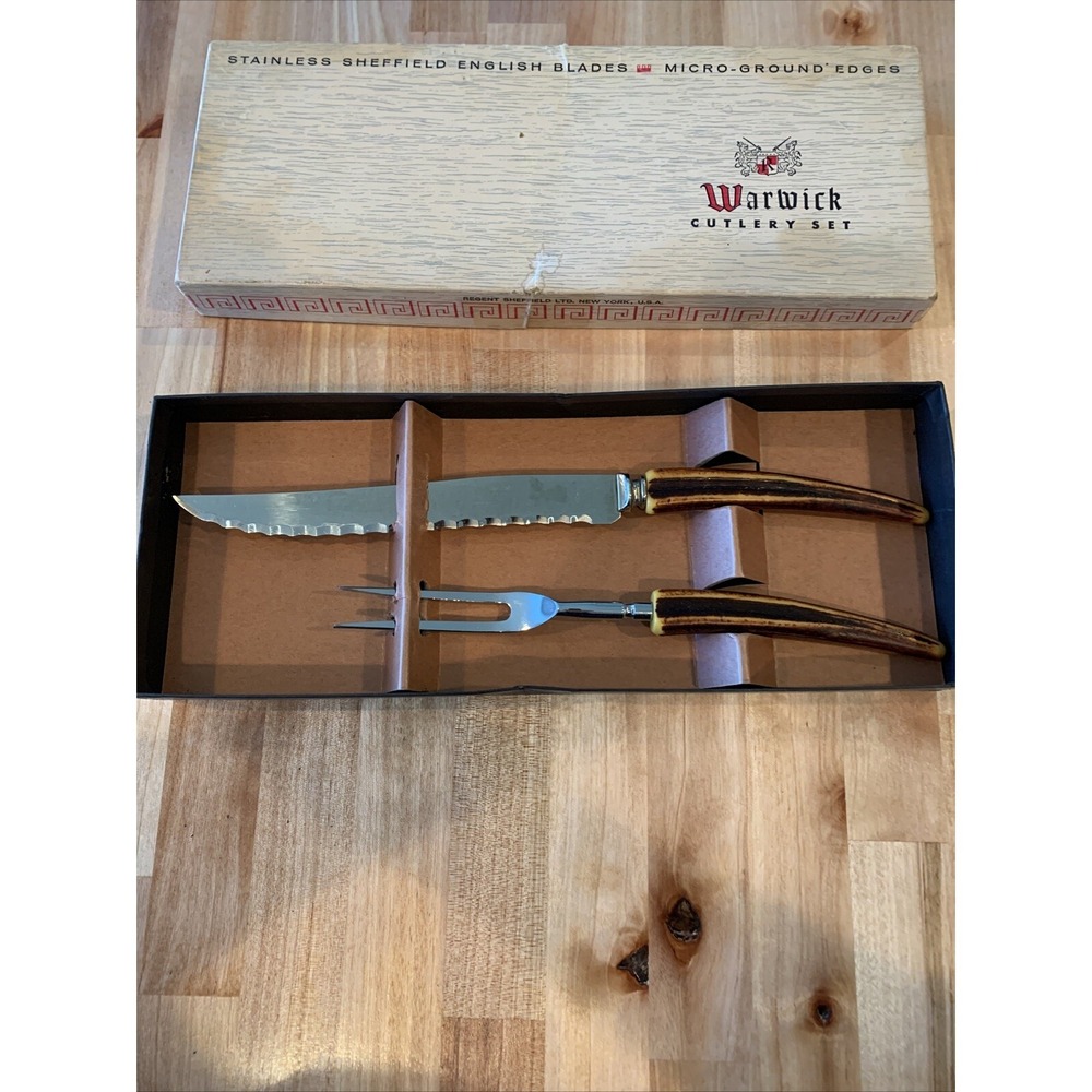 Vtg MCM Warwick Cutlery Set Stainless Sheffield English Blades Faux Stag
